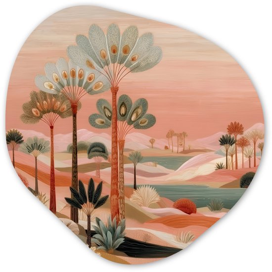 Décoration murale organique 40×40 cm – Peinture organique Paysage rose – Palmiers – Water – Décoration murale salon – Décoration de chambre – Peintures – Esthétique cercle mural