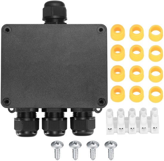 Boîte de jonction étanche pour l&rsquo;extérieur – Connecteur de câble à 4 voies – Boîte de jonction IP68 pour l&rsquo;éclairage de jardin – Convient aux câbles de 4 mm à 12 mm de diamètre – Plastique noir – Boîte de distribution de sécurité