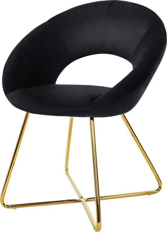 Chaise de salle à manger à dossier rond en velours noir avec pieds en métal doré design ML