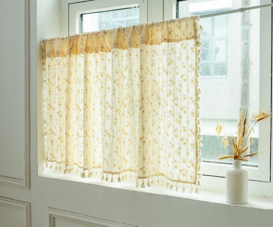 Court Rideau – 140 x 100 cm – Rideaux à Volants avec Motif Floral et Pompons – Rideau de Cuisine et d&rsquo;Armoire en Coton Campagnard – Petits Rideaux de Fenêtre pour Chambre, Cave et Camping-car – 1 Pièce