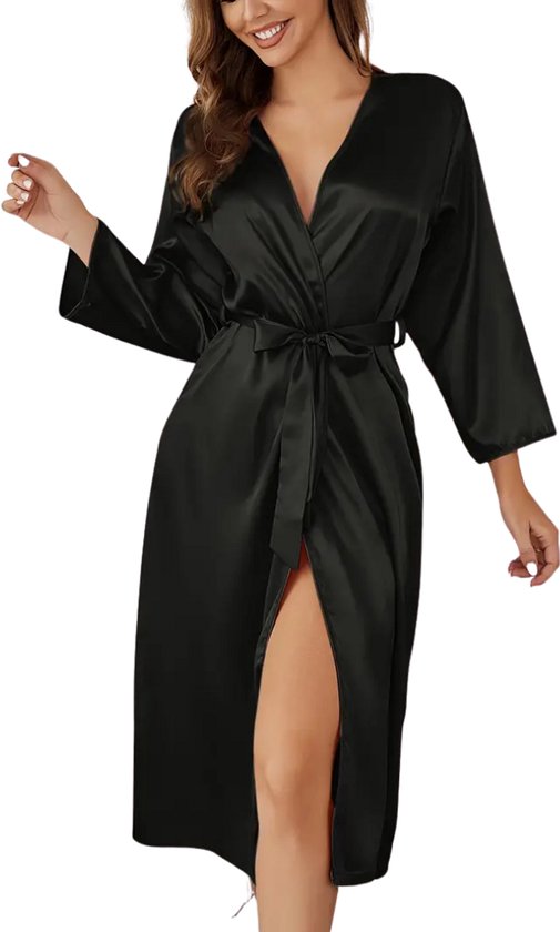 Badjas en satin Livano pour femme – Kimono – Robe de chambre – Satin – Robe de chambre – Pyjama – Zwart – Taille L