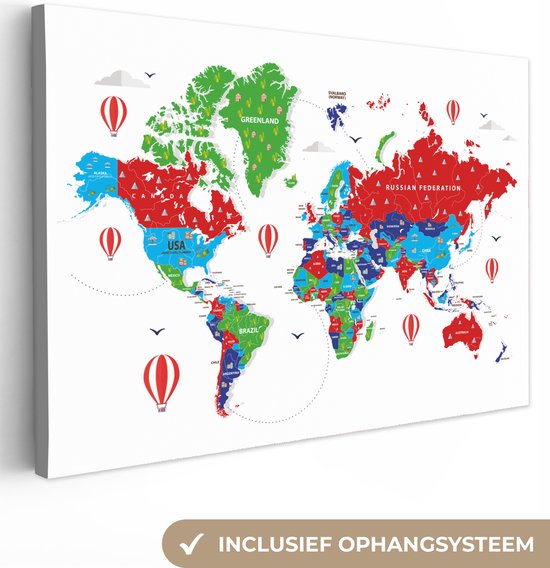 Carte du monde colorée sur fond blanc Toile 140×90 cm – Tirage photo sur toile (Décoration murale salon / chambre)