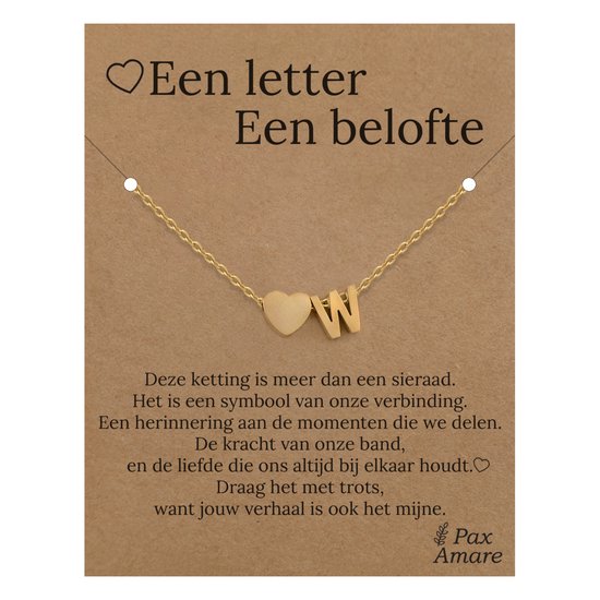Collier Lettre W sur carte cadeau – Une lettre, une promesse – Acier inoxydable doré 45 cm – Pendentif initiale et cœur – Pax Amare