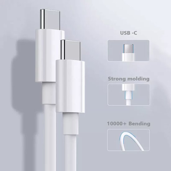 Câble USB-C vers USB-C | 2 mètres | Convient pour Samsung et Apple | Câble de chargeur | Chargeur
