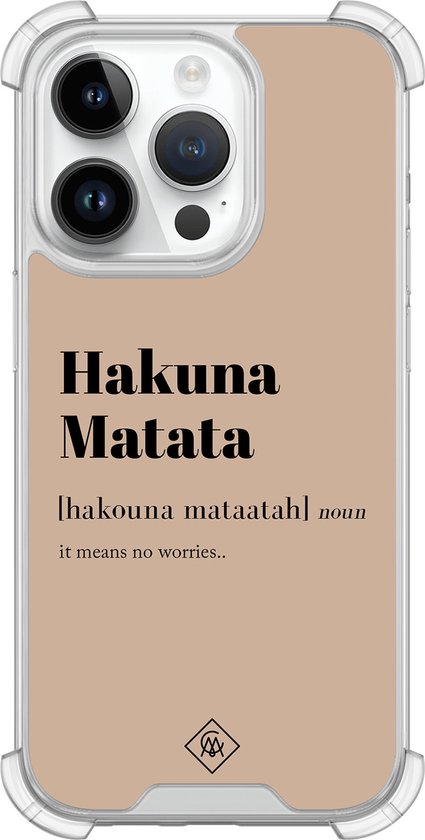 Coque – Compatible avec iPhone 14 Pro – Hakuna Matata – Coque antichoc – Extra résistante – Siliconen/ TPU – Marron / beige, Transparent