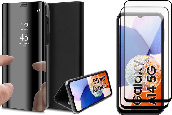 Coque Samsung Galaxy A14 – 2x Protecteur d&rsquo;écran FullGuard – Book Case Miroir Zwart & Protecteur d&rsquo;écran