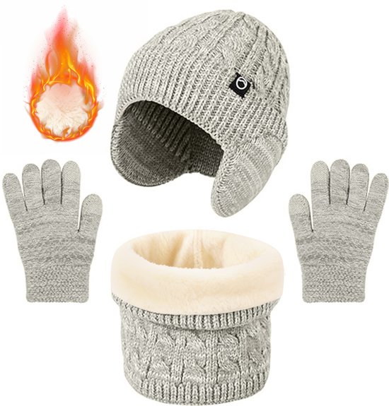 Cet ensemble d&rsquo;hiver 3 en 1 pour enfants, composé d&rsquo;un bonnet et d&rsquo;une écharpe, comprend des cache-oreilles épais et convient aux garçons et aux filles de 4 à 10 ans. Idéal pour l&rsquo;extérieur et pour rester au chaud en hiver, Grijs