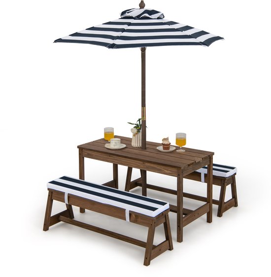 COSTWAY Ensemble de sièges pour enfants, table de pique-nique pour enfants avec bancs, coussins et parasol, ensemble de sièges pour enfants en bois, ensemble de sièges d&rsquo;extérieur, meubles de jardin pour jardin, arrière-cour, terrasse (bleu)