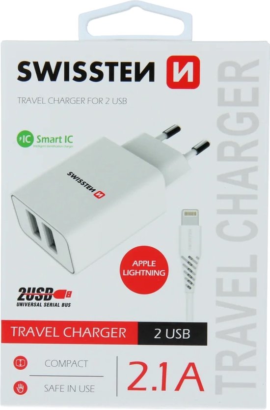 Chargeur de voyage Swissten 2.1A Dual Porto (10.5W) 8 broches – Câble USB – White