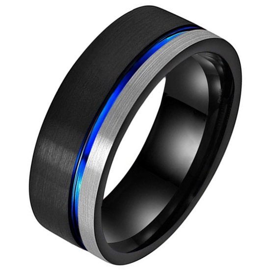 Bague pour homme en tungstène Groove Zwart Argenté Blauw-20mm