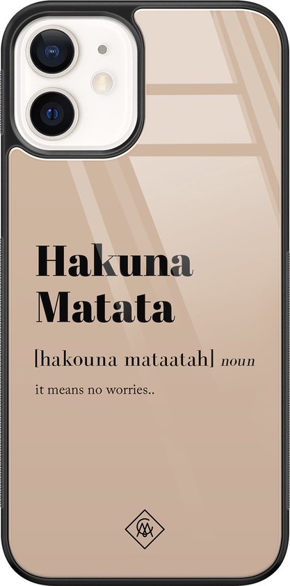 Coque iPhone 12 en verre – Hakuna Matata – Marron/beige – Hard Case Zwart – Coque arrière pour téléphone – Texte – Casimoda