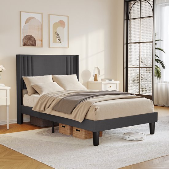Bealife BF45 Cadre de lit – 200 x 120 cm – Tête de lit et sommier à lattes – Gris