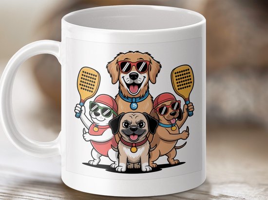Chiens cool, chien de paddle-tennis, tasse d&rsquo;été, golden retriever, tasse carlin, sports canins, amoureux des chiens, tasse de sport, animaux drôles, raquette de paddle, équipe de chiens, lunettes de soleil pour chien, tasse de chien mignon