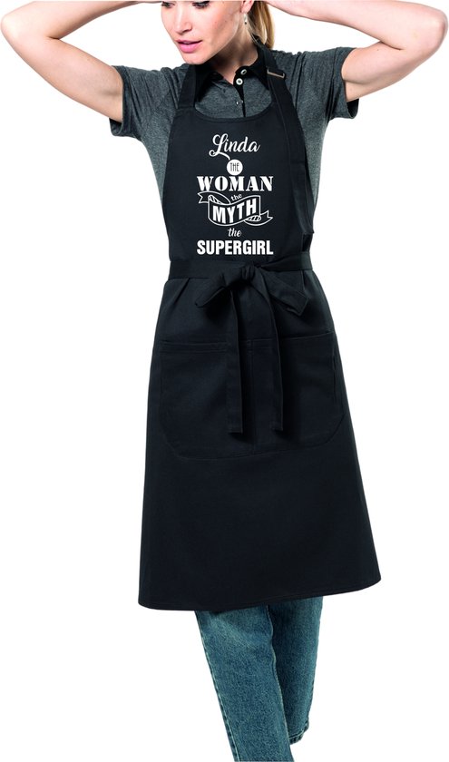 Cadeau prénom – La femme le Mythe la supergirl – Tablier de cuisine – Tablier de cuisine – anniversaire – Fête des mères – noir – avec le naam: Linda