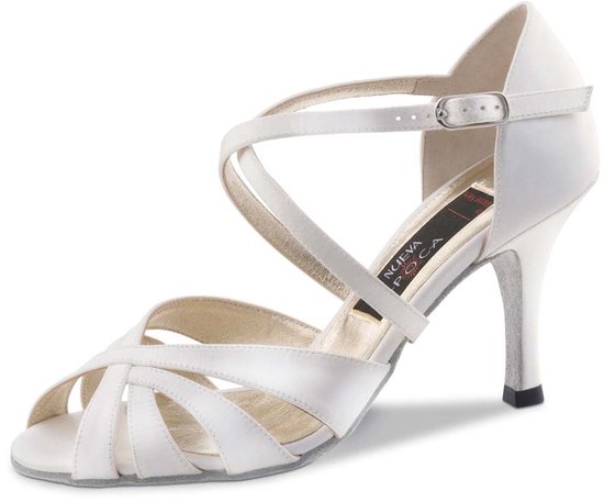 Chaussures de mariée Nueva Epoca Paris en satin Wit avec semelles en daim pour l&rsquo;intérieur – Chaussures de danse pour femme – Latin, Salsa, Tango, bout ouvert – Talon 6 cm – Nueva Epoca – Wit – 35,5