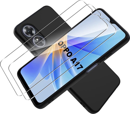 Coque Oppo A17 Zwart & Protecteur d&rsquo;écran en Verres 2X – Coque arrière en Siliconen