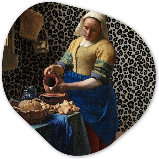 Décoration murale organique – Décoration murale en plastique – Peinture organique – Melkmeisje – Panthère – Vermeer – 40×40 cm – Forme de miroir asymétrique sur plastique