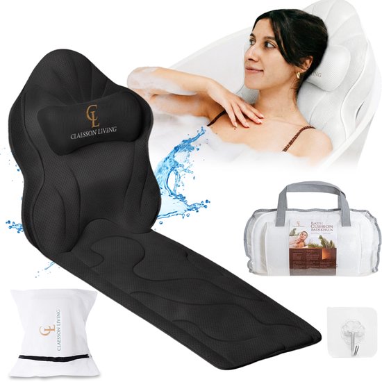 Coussin de bain pour tout le corps (126x41cm) Claessonliving – Coussins de bain avec appui-tête (13 cm d&rsquo;épaisseur) avec 12 ventouses – Soutient la tête, le cou, le dos et les jambes – Incl. : Coussin, sac de voyage, crochet de suspension – Noir