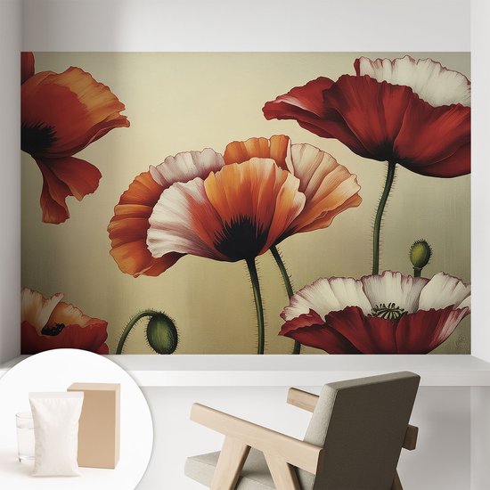 Coloray Behang – Vrolijke klaprozen Wanddecoratie – 104×70 cm – Oranje Behang – Voor natuurliefhebbers en liefhebbers van elegant interieurdesign – Behang Voor de woonkamer, slaapkamer en keuken – Vliesbehang Bloemen en planten