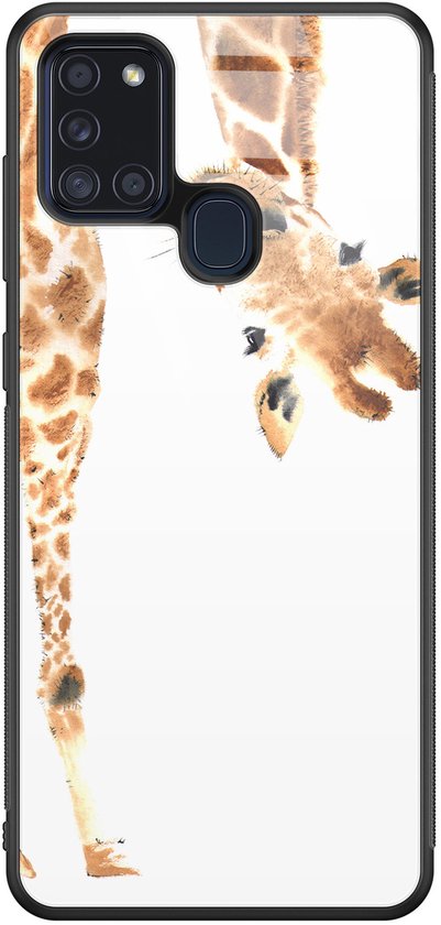 Coque en verre Samsung A21s – Giraffe peek-a-boo | Coque Samsung Galaxy A21s | Coque arrière rigide noire