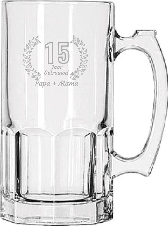Chope à bière gravée 1ltr Papa + maman 15 ans mariés