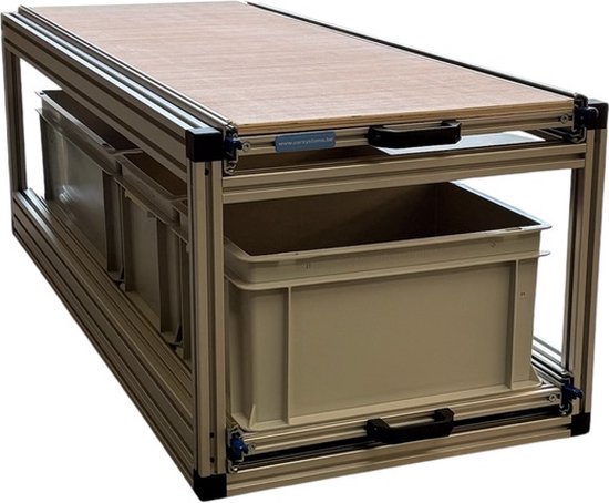 Plateau coulissant double pour camping-car 120×40 cm avec 3 bacs plastiques ouvertes et plateau supérieur multiplex – capacité de charge 130 kg