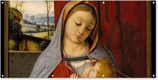 Décoration murale d&rsquo;extérieur Vierge à l&rsquo;enfant – Leonardo de Vinci – 160×80 cm – Toile de jardin – Affiche extérieure