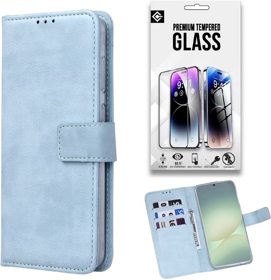 Étui Casemania Compatible avec Samsung Galaxy S26 Plus – Bleu clair – Étui portefeuille + 1x protecteur d&rsquo;écran en verre