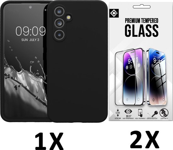 Casemania Coque pour Samsung Galaxy A25 – Zwart & 2X Protecteur d&rsquo;écran en Verres – Coque Arrière en Siliconen Liquide