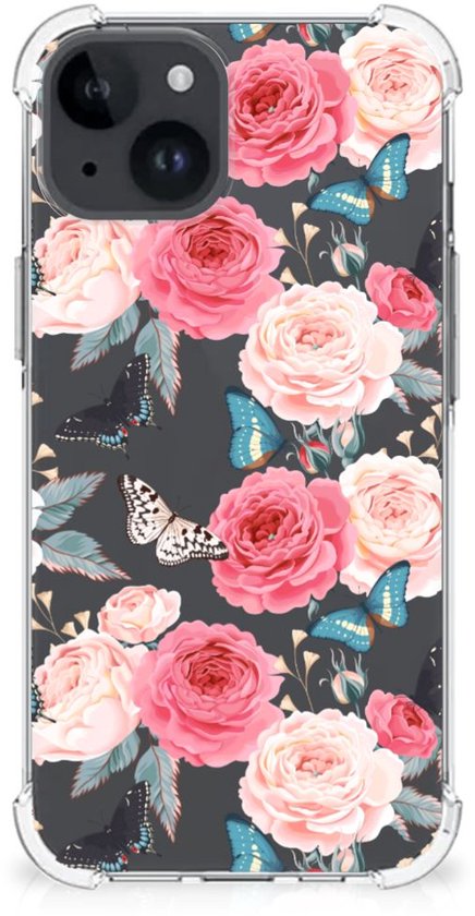 Coque de téléphone adaptée à iPhone 15, coque en silicone avec bord transparent, Butterfly roses