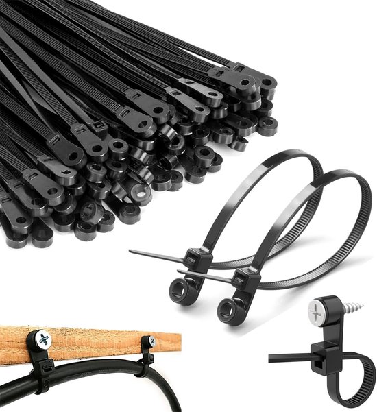 Colliers de serrage noirs robustes de 15 cm avec trou de fixation – 100 pièces – Capacité de 75 lbs – Tête montable pour usage intérieur et extérieur – Idéal pour câbles et fils