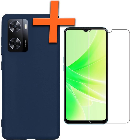 Coque OPPO A57s Coque Arrière en Siliconen avec Protecteur d&rsquo;Ecran – Coque OPPO A57s Silicone – Blauw Foncé