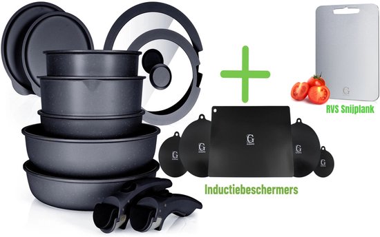 Batterie de cuisine Glissimo – Batterie de cuisine en céramique 21 pièces avec protections pour induction et planche à découper en acier inoxydable – Empilable, poignée amovible, sans PFAS, compatible toutes sources de chaleur