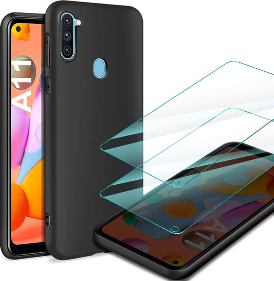 Coque Samsung Galaxy M11 – Coque en Siliconen TPU souple et combi en Glas trempé 2X – Zwart