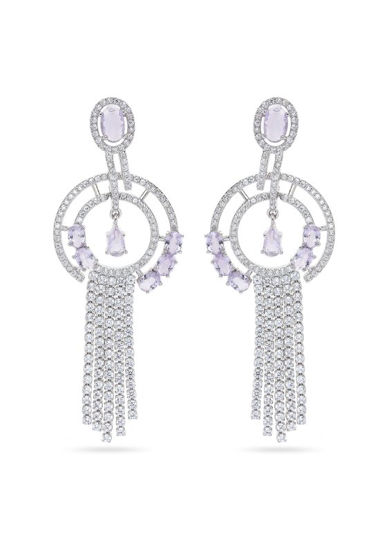 AVANT-GARDE PARIS Boucles d&rsquo;oreilles pendantes – design géométrique – 6,1 cm x 2,3 cm – violet clair avec pierres précieuses – 1 pièce
