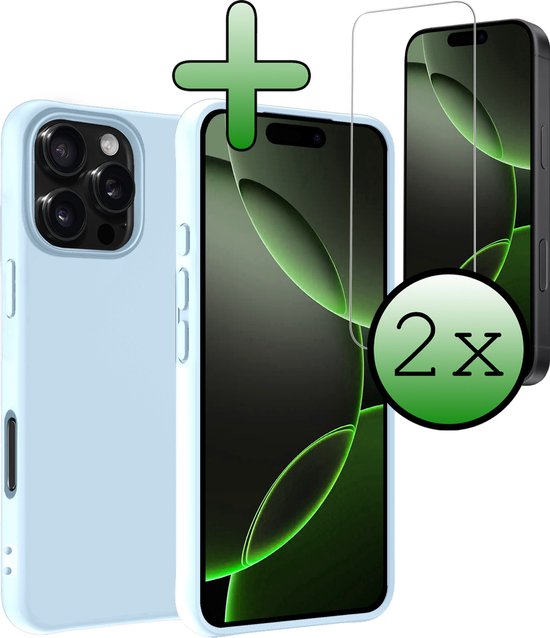 Coque pour iPhone 16 Pro Max – Coque arrière en Siliconen avec 2 films de protection d&rsquo;écran – Coque pour iPhone 16 Pro Max – Bleu clair