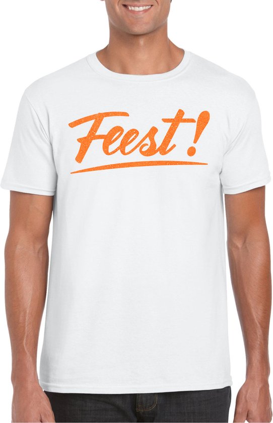 Bellatio Decorations T-shirt déguisement pour homme – fête – blanc – paillettes orange – carnaval L