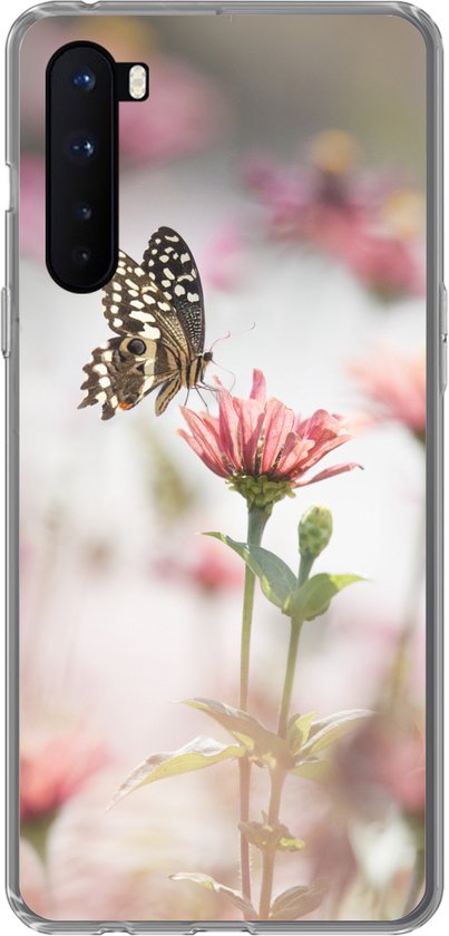 Convient pour coque OnePlus Nord – Papillon – Bloem – Rose – Coque de téléphone en Siliconen