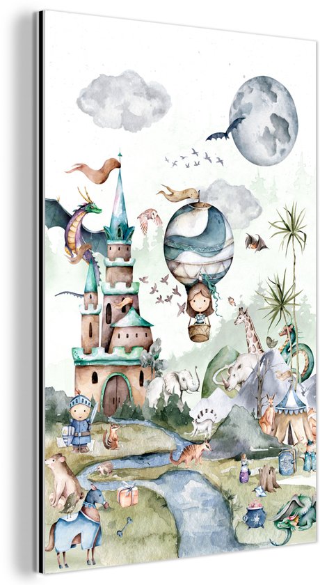 Décoration murale Métal – Peinture Aluminium Industriel – Enfants – Montgolfière – Dragon – Garçons – Kasteel – Aquarelle – 80×120 cm – Dibond – Photo sur aluminium – Décoration murale industrielle – Pour le salon/chambre