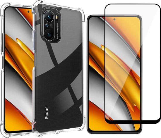 Étui pour Xiaomi Poco F3 – Étui anti-chocs à couverture arrière transparente + protection d&rsquo;écran intégrale en verre