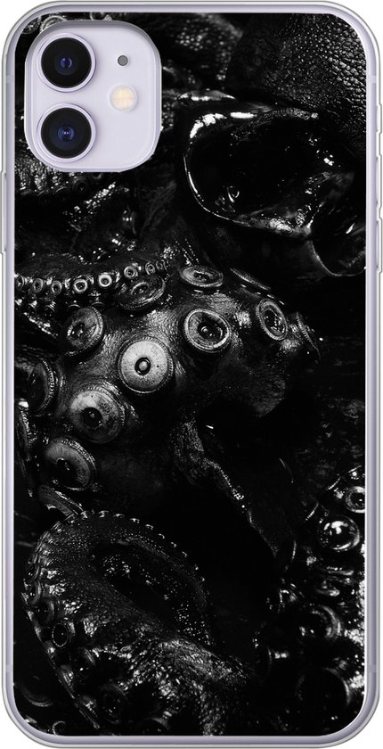 Coque pour iPhone 11 – Pieuvre en gros plan sur fond noir en noir et blanc – Coque de téléphone en Siliconen