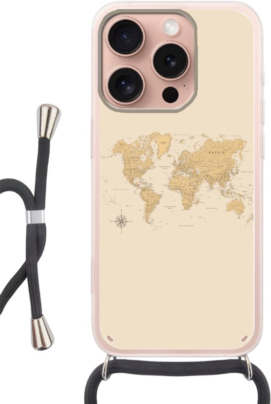 Coque iPhone 16 Pro – Wereldkaart – Réaliste – Beige – Siliconen – Bandoulière – Coque arrière avec cordon – Coque avec cordon – Coque avec corde