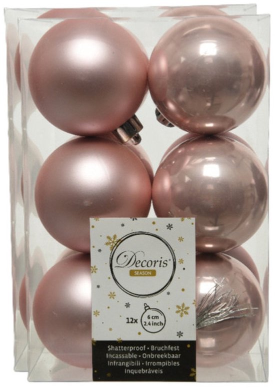 Boules de Noël Decoris – 24 pièces – rose clair – diamètre 6 cm – plastique – décoration de Noël
