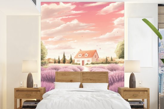 Behang – Fotobehang Lavendelveld – Huis – Paars – Breedte 205 cm x hoogte 280 cm