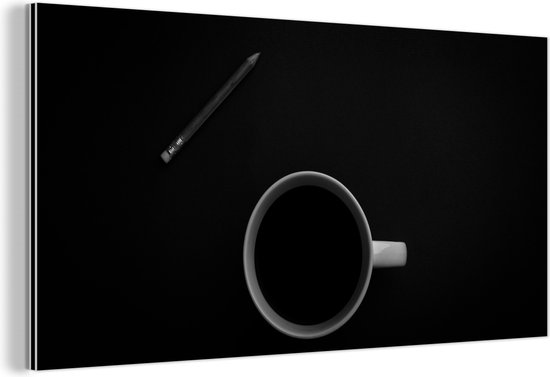 Décoration murale Métal – Peinture Aluminium Industriel – Crayon – Tasse – Zwart – Wit – 160×80 cm – Dibond – Photo sur aluminium – Décoration murale industrielle – Pour le salon/chambre