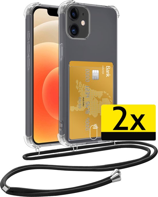 Coque pour iPhone 12 Mini avec cordon et porte-cartes en Siliconen – Coque adaptée pour iPhone 12 Mini avec porte-cartes – Transparent – ​​2 pièces