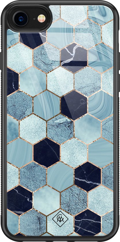 Coque en verre iPhone SE 2020 – Cubes Blue – Blauw – Hard Case Zwart – Coque arrière téléphone – Marbre – Casimoda®