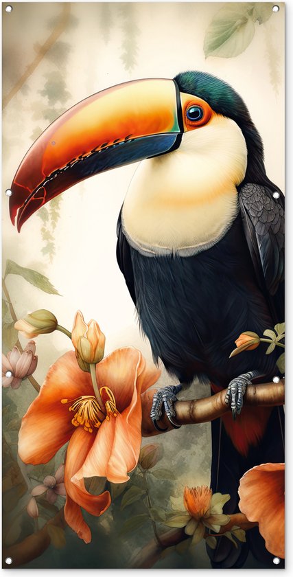 Décoration murale extérieure Toucan – Vogel – Fleurs – Plantes – 80×160 cm