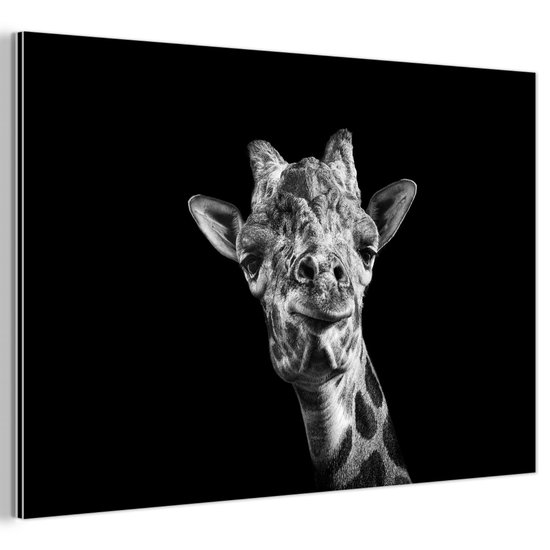 Décoration murale Métal – Aluminium Peinture Industrielle – Girafe sur fond noir en noir et blanc – 60×40 cm – Dibond – Photo sur aluminium – Décoration murale industrielle – Pour le salon / chambre
