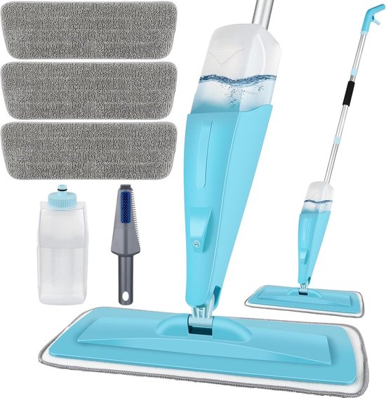 Balai plat en microfibre de 135 cm avec 3 tampons réutilisables et grattoir – pour carrelages en bois dur, Parquet stratifié, Sols en céramique